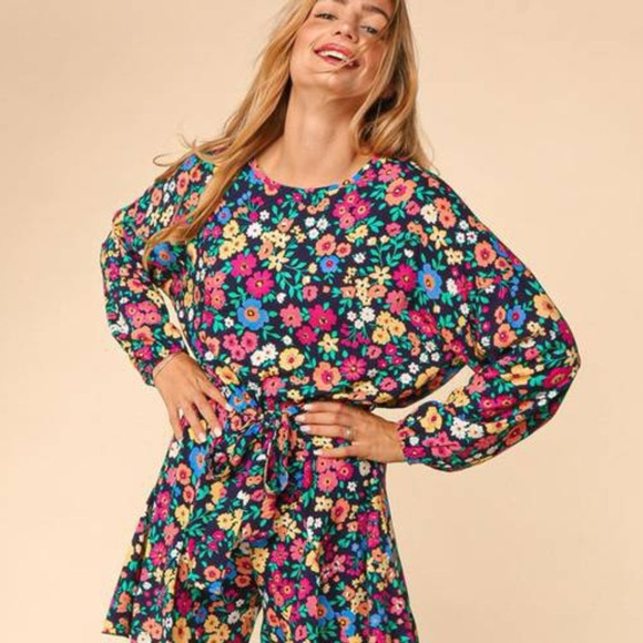 HAPTICS Feeling Bold Navy Floral Challis Woven Romper Long Sleeve Large - Picture 2 of 15